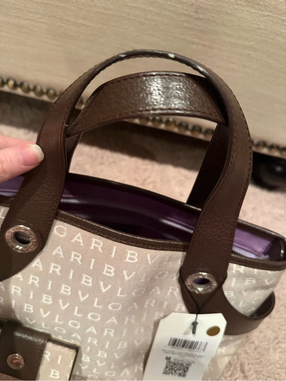 Bulgari Cream Canvas Logo Tote with Brown Leather Trim with matching wallet